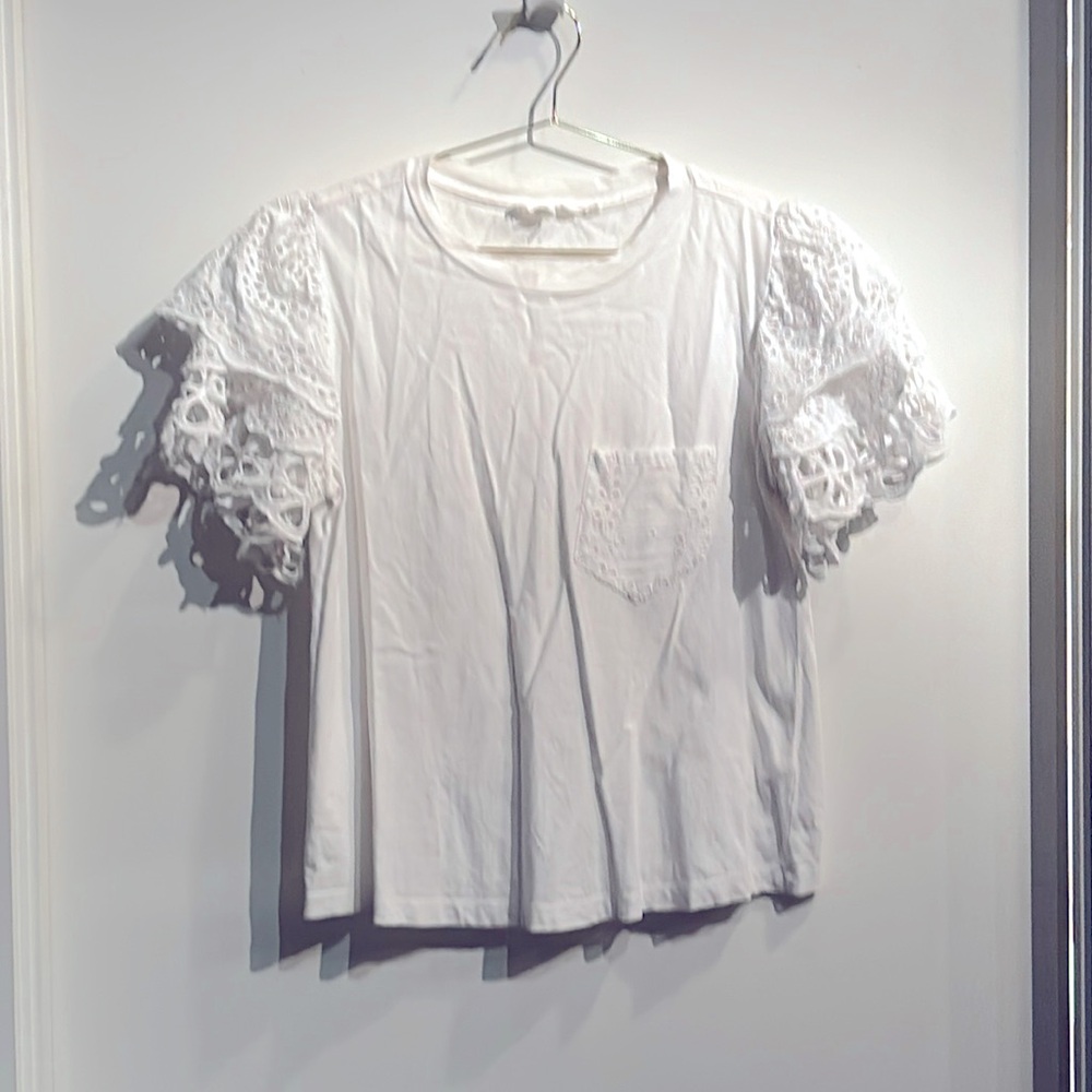 Anthropologie White Eyelet Sleeve Pocket Tee